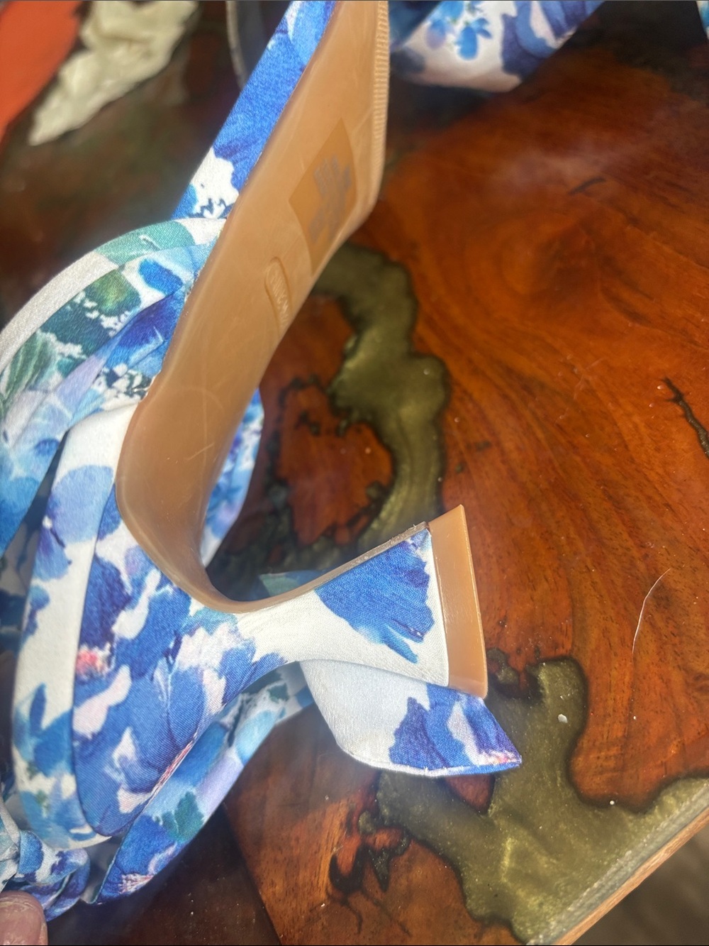 Nine West Sandals sz 8.5 Blue Floral Tie-Ankle Kelsie kitten heel NEW - Picture 6 of 7